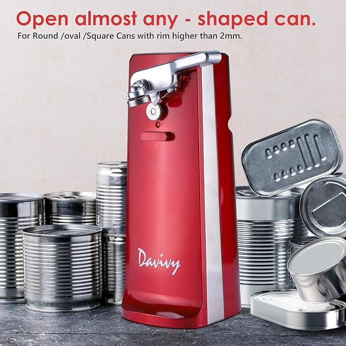 Davivy Electric Can Opener, One Touch Lid Opening, Removable Stainless Steel Cutter and 3-in-1 Design, with Sharpener and Bottle Opener, Red (Red)