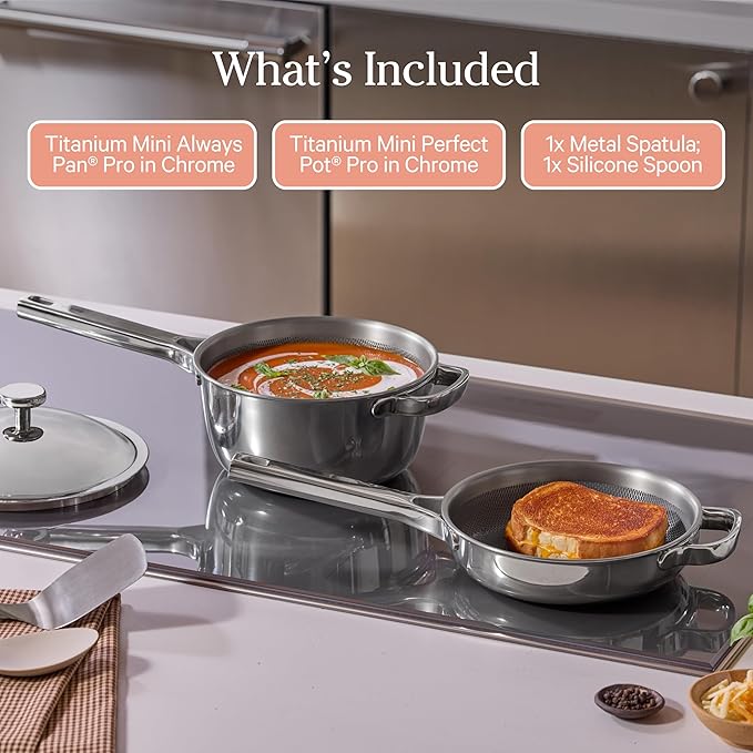Our Place Mini Titanium Pro Cookware Duo | 6-Piece Tri-Ply Titanium Cookware Set with Always Pan Pro & Perfect Pot Pro | Non-Toxic No-Coating Nonstick | Induction & Oven-Safe up to 1000째F | Chrome