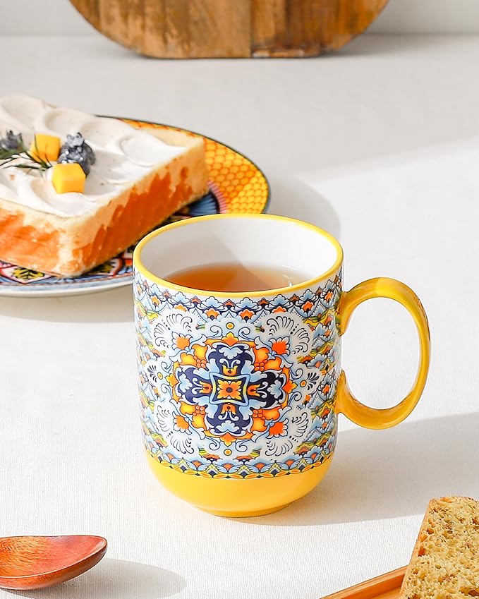 HENXFEN LEAD Boho Ceramic Coffee Mugs Set of 6 ??14 oz Porcelain Cups for Latte, Cappuccino, Tea & Cocoa ??Microwave & Dishwasher Safe