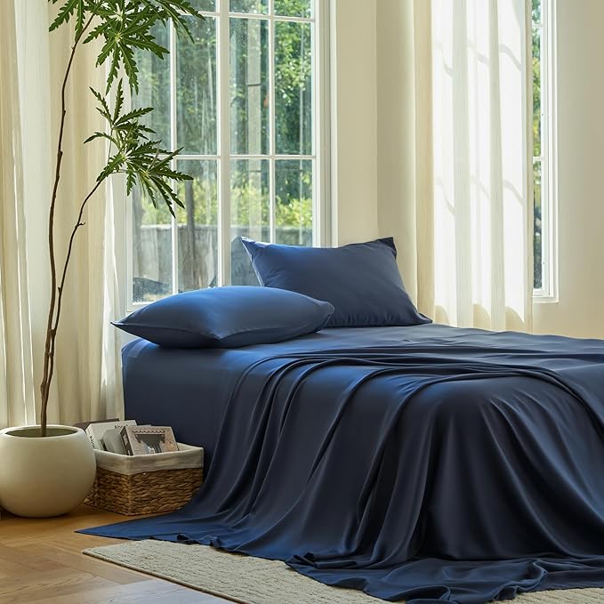 DOZ Sheet Set, 100% Viscose derived from Bamboo, Organically Grown, Buttery Soft, Cooling Sheets, High GSM, Deep Pockets - 2 Piece - 1 Pillowcase 1 Fitted Sheet (Sapphire, Twin XL)