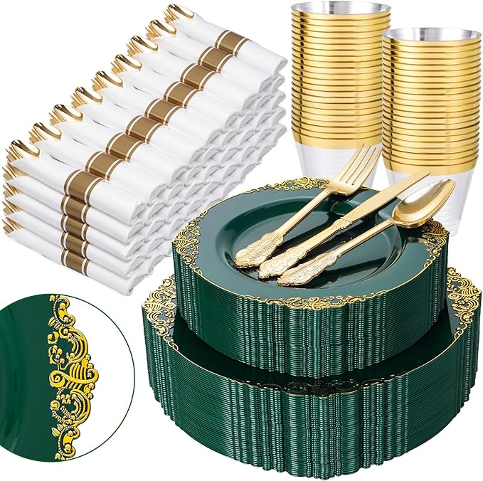 Nervure 350PCS Green Plastic Plates - Green Gold Plastic Dinnerware Sets for 50 Guests - 100 Disposable Plates, 150 Gold Silverware, 50 Cups, 50 Napkins for Wedding & Party
