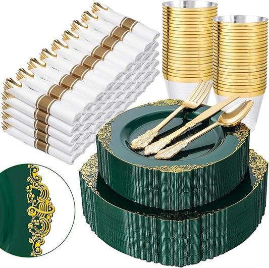 Nervure 350PCS Green Plastic Plates - Green Gold Plastic Dinnerware Sets for 50 Guests - 100 Disposable Plates, 150 Gold Silverware, 50 Cups, 50 Napkins for Wedding & Party