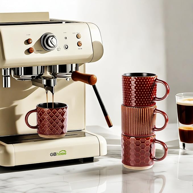 GBhome 15OZ Stackable Coffee Mugs Set of 4, Ceramic Coffee Cups with Texture Patterns for Man,Woman. Elegant Mugs Set for Latte/Cappuccino/Cocoa. Dishwasher&Microwave Safe, Red