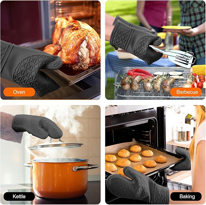 Silicone Oven Mitts, Heat Resistant 2PCS Oven Mitts with Soft Cotton Lining, Waterproof Non-Slip Grip Oven Glove, Kitchen Potholder Mits for BBQ, Baking, Cooking, 12.5 Inch - Black