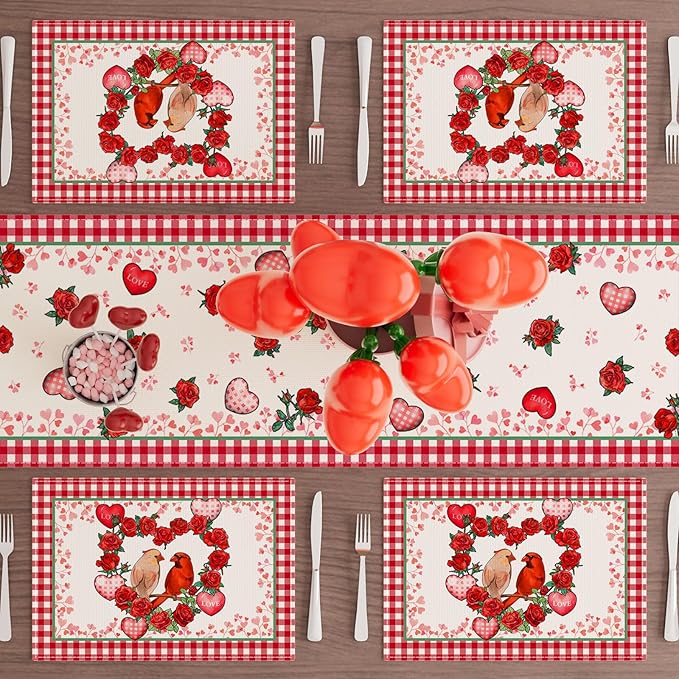 XCHI Plaid Roses Flowers Love Hearts Cardinal Valentine's Day Placemats Set of 4 Table Mats for Party Home Kitchen Dining Table Decorations 12x18 Inch