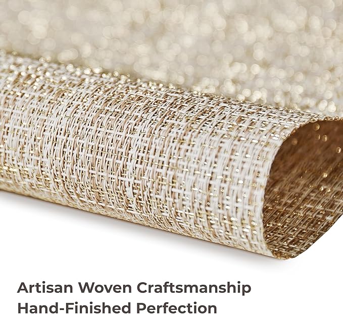 Leetaltree Luxury Beige and Gold Woven Placemats Set of 12 - Waterproof Washable Textured Table Mats for Wedding, Anniversary, Daily Use - Sparkling Metallic Thread Table Decor - Hand-Cut