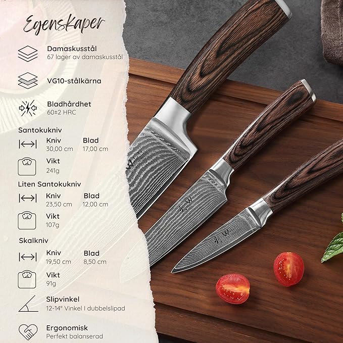 Wakoli EDIB 3-Piece Damascus Knife Block Set with Magnetic Knife Block ??Chef Knives Set with 3.4" - 6.7" Blades, 67-Layer Damascus Steel (VG10 Core), Kitchen Knives with Pakkawood Handles