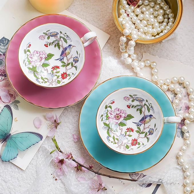 Aynsley Pembroke Glaze Oban 2-Piece Fine Bone China Teacup & Saucer - 6oz (180ml), Handpainted Floral with Gold Trim - Vintage Gift Set-Turq