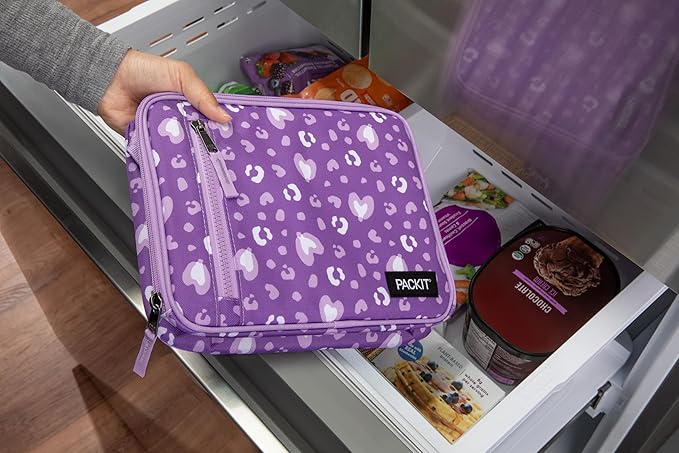 PackIt짰 Freezable Classic Lunch Box, Leopard Hearts Purple, Built with EcoFreeze짰 Technology, Reusable, Zip Closure With Zip Front Pocket and Buckle Handle, Designed for Fresh Lunch On the Go