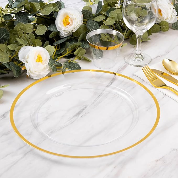 Goodluck 12 Inch Disposable Charger Plates Plastic, 100 Pack Plastic Clear Charger with Gold Rim, Gold Charger Plates for Dinner, Wedding, Party