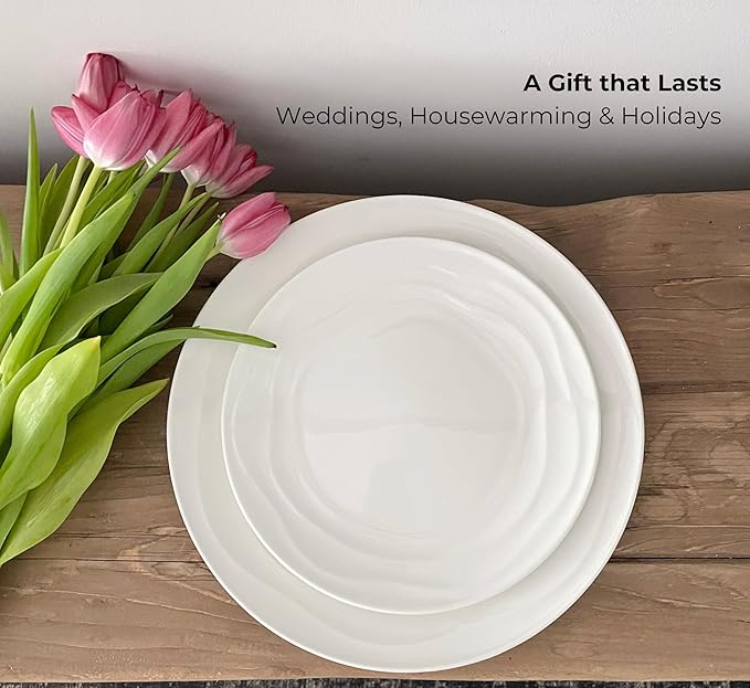 Pots & Patterns White Porcelain Dinner Plates Set for 4 ??12-Piece Chip-Resistant Plates and Bowls with Natural Waves Design ??Microwave, Oven, Dishwasher Safe Scratch-Resistant China Dinnerware