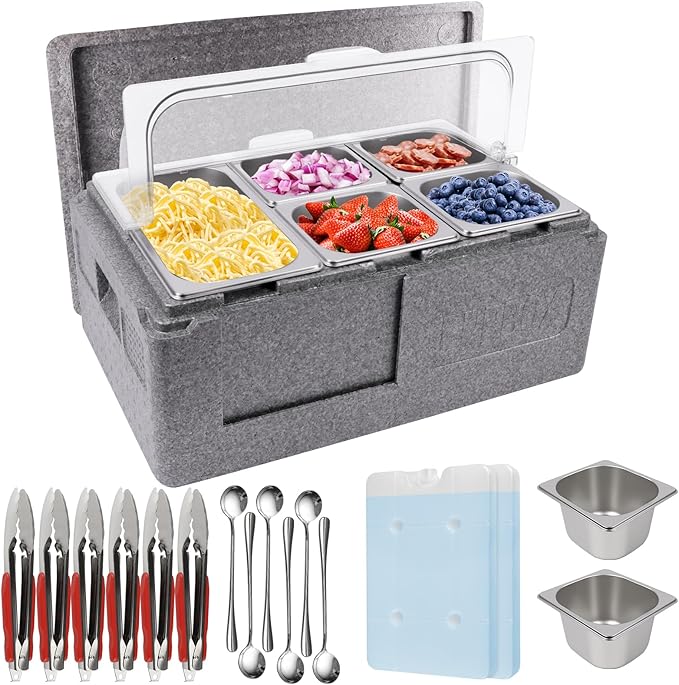 Lanstics Pizza Topping Station 7 Pans Salad Bar Buffet Station Insulated Cold Food Buffet Server with Ice Packs Lids Buffet Containers Set Platter Box for Party Buffet Keeping Food Cold