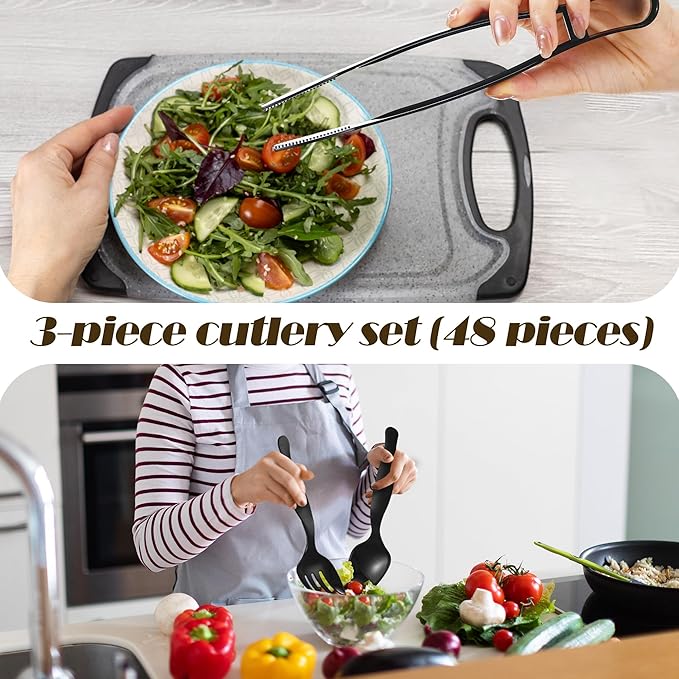 48 Pcs Black Plastic Serving Utensils Set 9'' Disposable Serving Utensils Spoons Forks Tongs for Serving Food Party Utensils Supplies for Buffet Banquets Weddings Restaurant Dinner Salad
