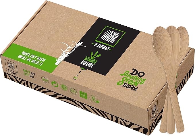 2ZEBRAZ Bamboo Cutlery Set ??300 Disposable Spoons | Reusable Smooth Flatware, Heavy-Duty Natural Utensils for Parties, Catering and Everyday Use