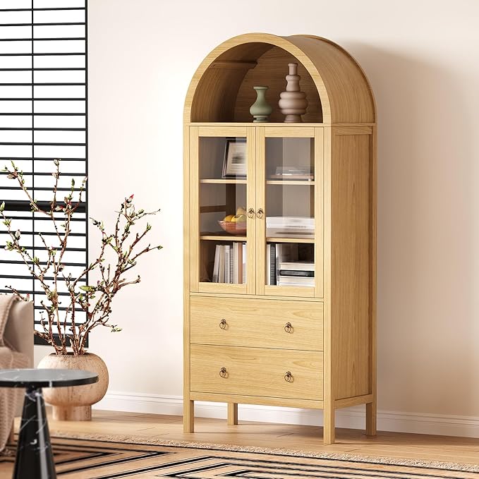 CuisinSmart 71" Display Arched Storage Cabinet, Kitchen Pantry with Tempered Glass Doors, 2 Large Drawers and Adjustable Shelves, Arched Bookshelf Cabinet for Dining Room Kitchen Office- Natural