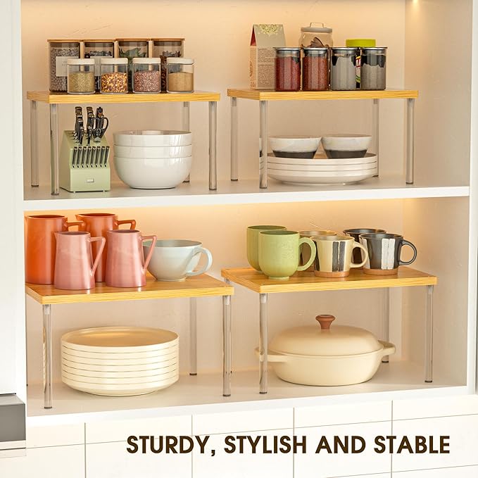 Jolitac Cabinet Organizer Shelf - Set of 4 Clear Acrylic Spice Rack, Stackable Pantry Storage Shelves for Kitchen Counter, Bathroom, Desk - Multi-Purpose Bamboo Space Saving Shelves, Easy Assembly