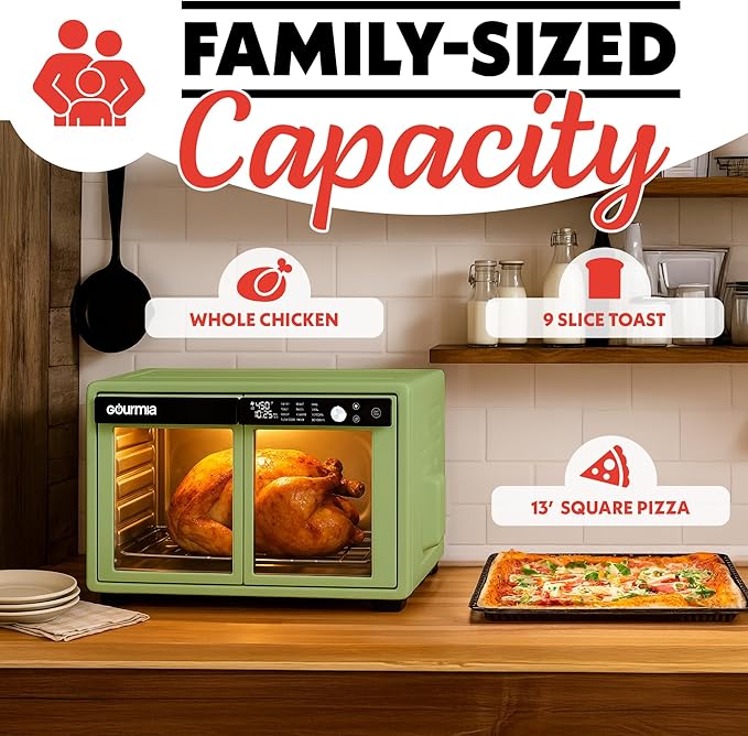 Gourmia French Door Air Fryer Oven - 37 Qt Large Capacity Convection Toaster Oven, FryForce 360°, Digital Display, 12 Cooking Presets, Dehydrate, Fits 13??Pizza, Dishwasher-Safe, Green