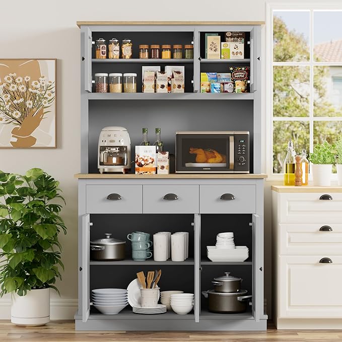 71" Kitchen Hutch with Charging Station, Tall Pantry Storage Cabinet with Microwave Stand, Adjustable Shelves, Slide Drawers, Large Buffet Pantry Cabinet for Kitchen, Dining Room, Grey