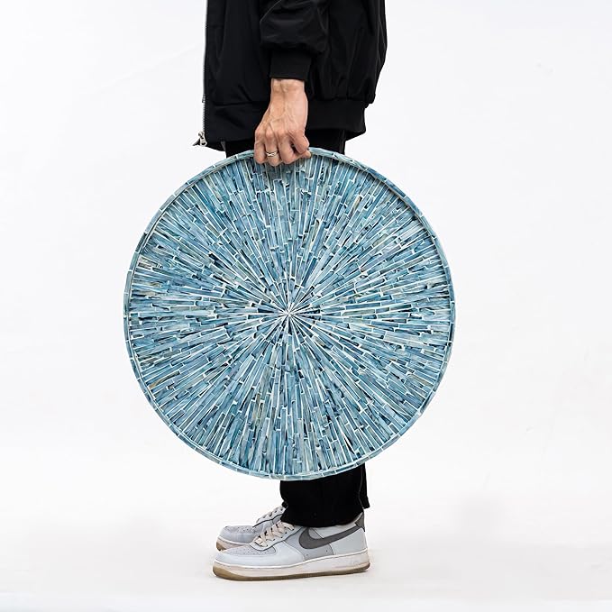 PEMAR 22" Round Mother of Pearl Extra Large Ottoman Tray with Raised Edge, Oversized Decorative Luxury Wooden Serving Tray for Food, Coffee Table, Breakfast in Bed (Blue Sunlight)