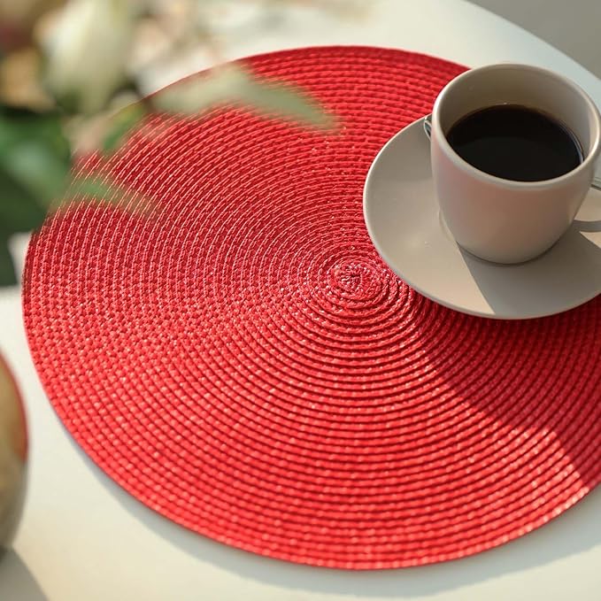 FunWheat Round Braided Placemats Set of 4 Place Mats for Dining Tables Woven Washable Non-Slip Table mats Small 13 inch(S Red, 4pcs)