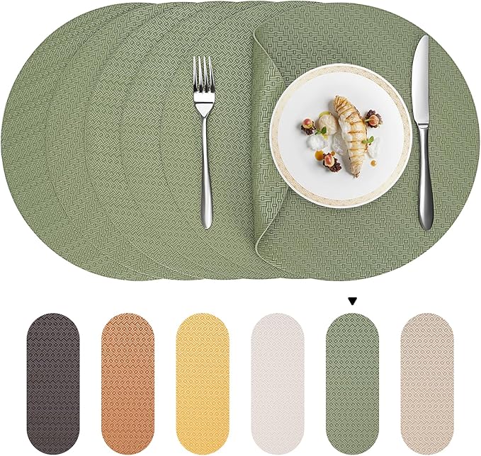 PROMATTOO Round Faux Leather Placemats Set of 6 – 13 Inch Vinyl Mats, Heat Resistant, Non Slip, Wipeable & Washable, Easy to Clean Dining Table Decor for Kitchen & Holiday Gatherings（Olive Green）