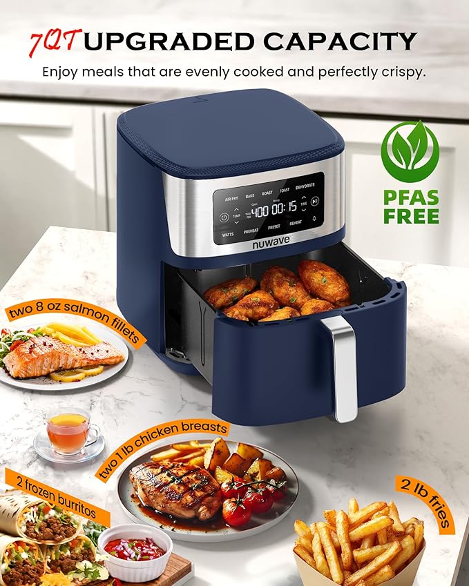 Nuwave Brio Plus 6-in-1 Air Fryer, 7-Qt Large Capacity, 50°F??00°F Precise Temp Control, Non-Toxic PFAS-Free Nonstick, Air Fry, Bake, Roast, Toast, Dehydrate, Reheat, 100 Presets, Dishwasher Safe