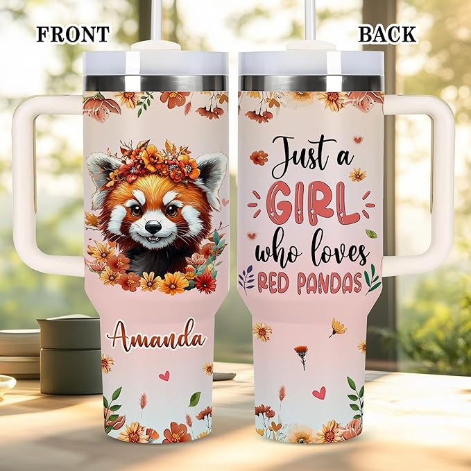 AGGLOMEKC Personalized Cute Red Panda Cup - Mother's Day Birthday Gift For Animal Lovers - Just A Girl Who Loves Red Panda Tumbler 40oz With Custom Name - Pet Lover Gifts For Women, Her