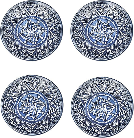 Sungmor Embossed Stoneware Fine Dining Dinnerware, Antique Baroque Style Porcelain 4 Inch Soy Saucer Dish, Set of 4 Sophisticated Ceramic Dipping Bowl, Appetizer Dessert Plate, Ketchup, Spices Bowl
