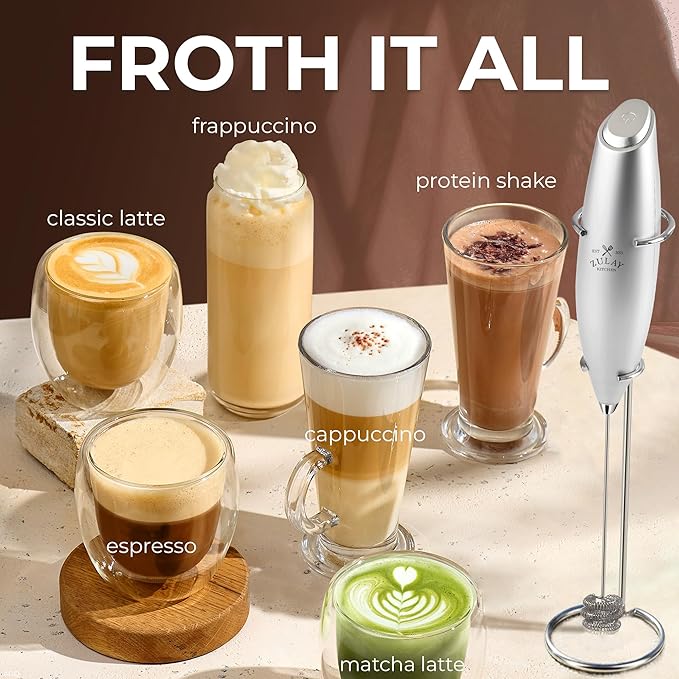 Zulay Kitchen Patented Tornado Triple Whisk Milk Frother with 4 Duracell Batteries ??Handheld Foam Maker for Coffee, Lattes, Matcha & Hot Chocolate ??Rich, Creamy Froth in Seconds