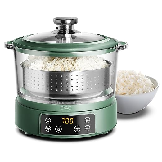 COOK WITH COLOR 3L Glass Mini Low Carb Rice Cooker ??Holds 2 Cups Raw/Makes 6 Cups Cooked with Auto Lift Filter Basket, Hotpot & Steamer for Rice, Grains, Digital Panel with Keep Warm, Dark Sage
