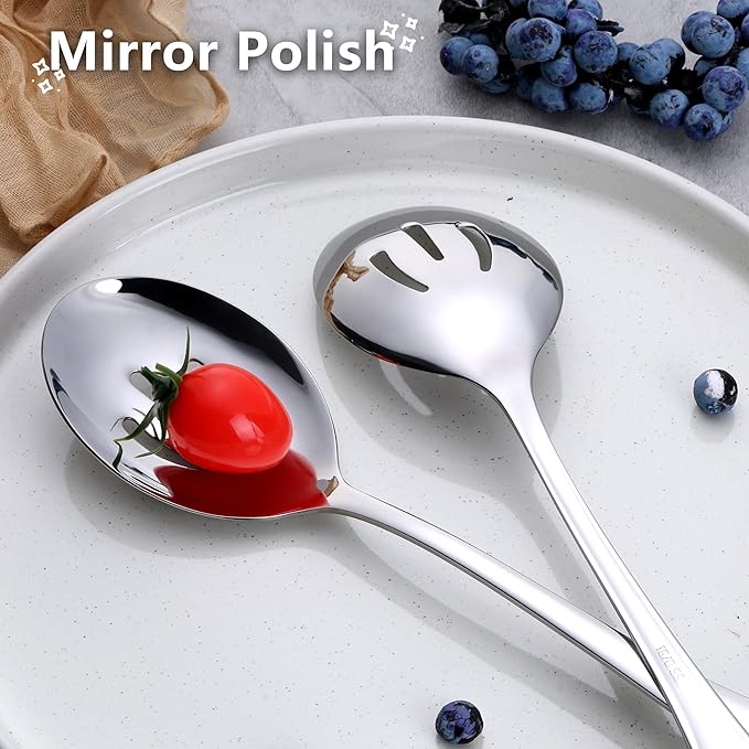 E-far Large Serving Spoons Set of 4, 9.8 Inch Stainless Steel Serving Utensils Set Includes Slotted & Solid Spoons for Buffet Party Catering Wedding Kitchen Restaurant, Dishwasher Safe