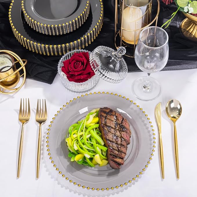 EI 60pcs Black and Gold Plastic Plates Clear with Black Disposable Plates Heavy Duty Gold Plastic Dinnerware Set For 30 Guests Perfect Wedding,Party,Birthday,Anniversary,Business Events,Hotel Banquets
