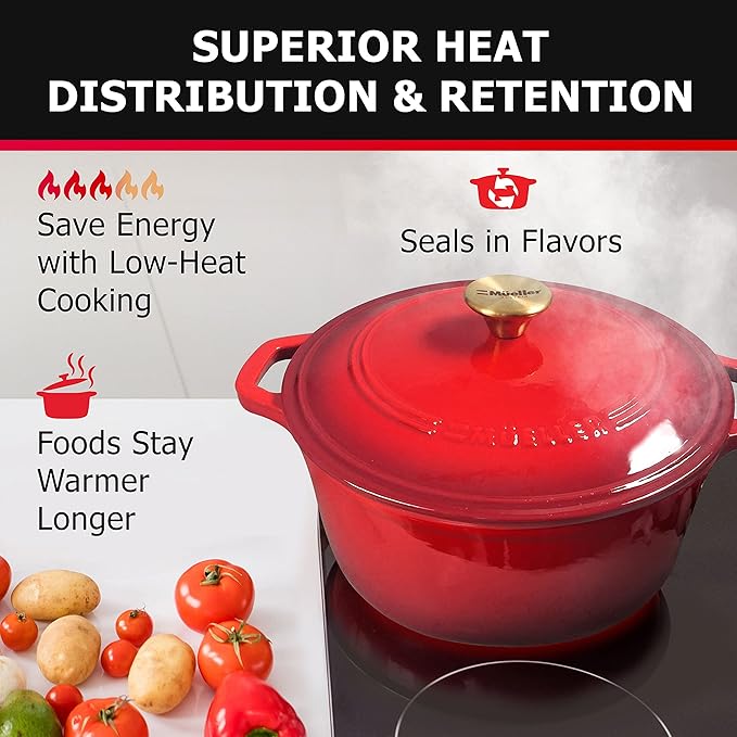 Mueller 6qt Enameled Cast Iron Dutch Oven, Heavy-Duty Casserole and Braiser Pan with Lid and Knob, Oven-Safe up to 500째 F & Across All Cooktops, Red