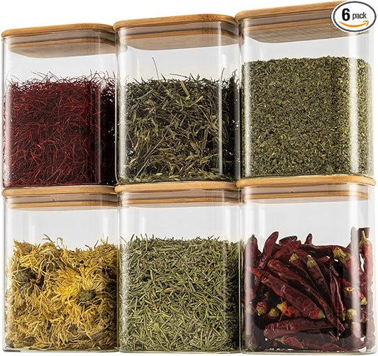 37oz Rectangle Airtight Glass Storage Containers with Bamboo Lids (Set of 6), Square Food Storage Jar, Pantry Organizers for Cereal, Nuts, Snacks and Coffee beans (?럚ith Black Lable)