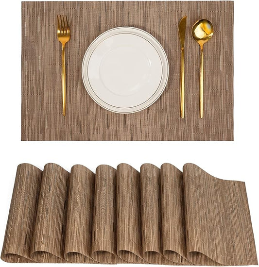 flohar Placemats Set of 8竊똍on-Slip PVC Weave Table Mats Easy to Clean竊똇eat Resistant Place Mats for Kitchen Dining Table Decoration Indoor Outdoor竊똋ight Brown