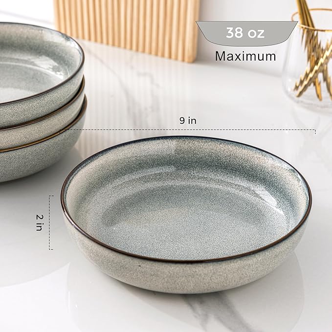 GBHOME 8.75'' Large Ceramic Pasta Bowls, 38oz Stoneware Pasta Serving Bowls Set of 4 for Kitchen, Wide Bowls for Fruit,Pasta,Salad,Oatmeal,Meal, Microwave Safe, Reactive Glaze-Green Wheat