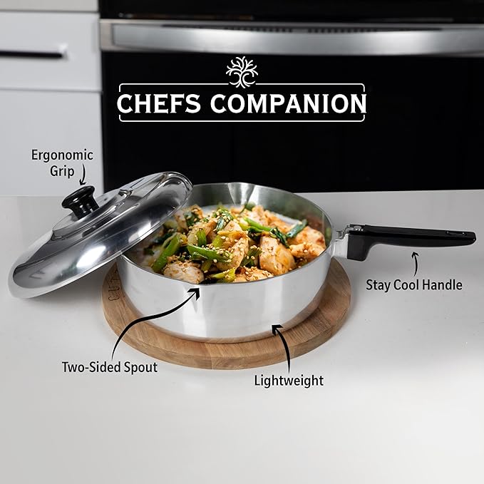 Cast Aluminum Saut챕 Pan with Lid 12 inch - Oven Safe Deep Frying Pan with Lid, Two Side Spouts and Ergonomic Stay-Cool Handle for Comfortable Grip and Pouring (4 Quart)