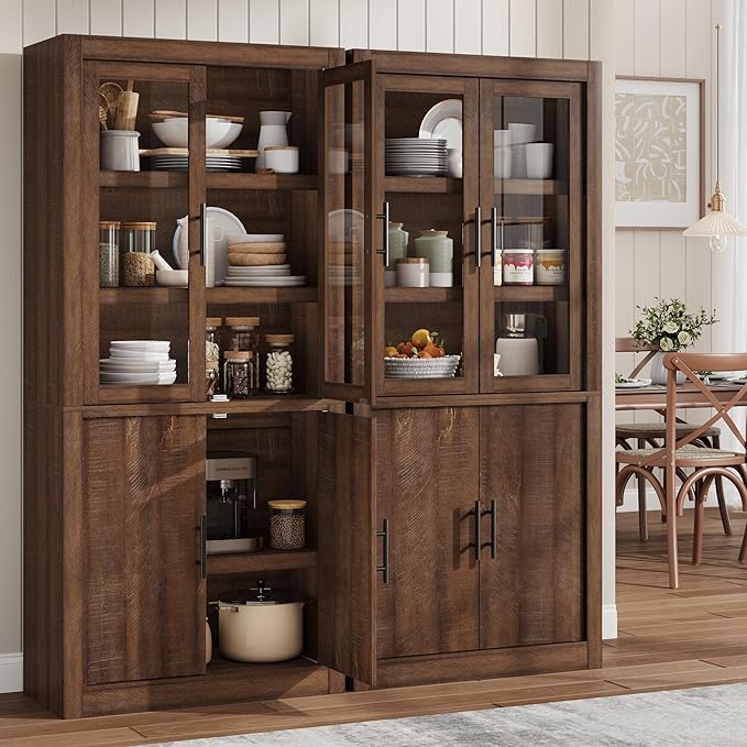 70.45??Tall Farmhouse Kitchen Pantry Cabinet, Wood Storage Cabinet with 4 Doors & Adjustable Shelves, Anti-Tip Design, Sturdy Bookcase for Kitchen/Dining/Office, Walnut-Glass