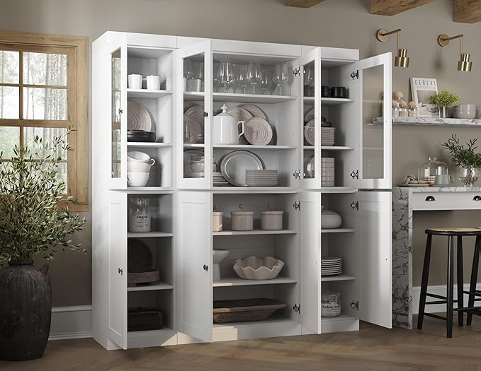 Palace Imports 100% Solid Wood Kitchen China Pantry Cabinet, 65" W - 4 Clear Glass & 4 Shaker Doors, Renewable Eco-Friendly Wood, Made in Brazil (White, 8 China/Shaker Doors | NO Drawers)