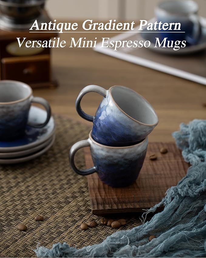 3 oz Espresso Cups Set of 4, Mini Italian Double Espresso Coffee Cup, Vintage Small Ceramic Demitasse Cups with Saucer for Lungo Coffee, Blue