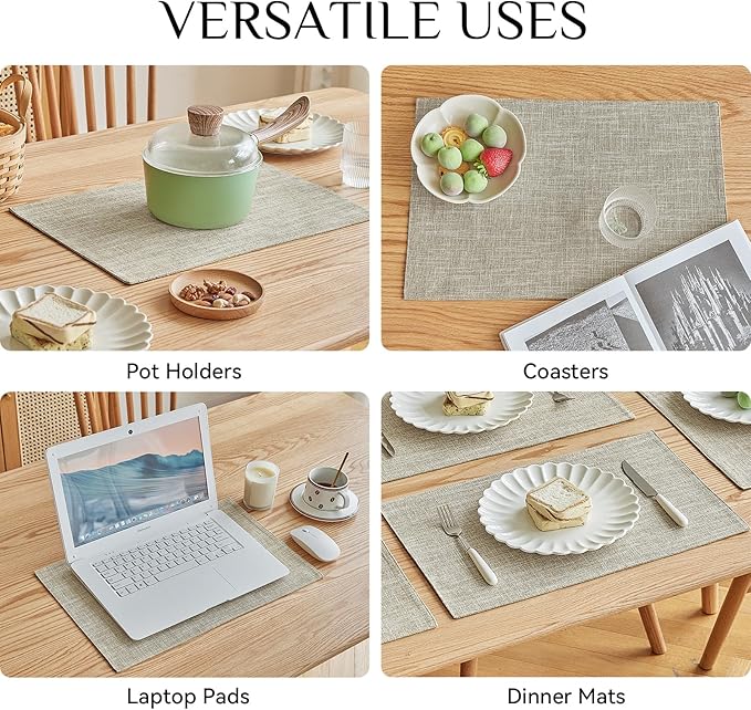 Softalker Faux Linen Placemats Set of 8-12 x 18 Inch, Heat Resistant Double Layered Durable Burlap Farmhouse Place Mats, Non-Slip Washable Rustic Table Mats for Dining, Kitchen, Party竊뉰eige