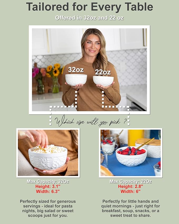 Ceramic Bowls for Kitchen with Nature-Inspired Engravings - Versatile Ramen Bowl Set for Pho, Chili, Oatmeal, Cereal, Rice, Fruit, Soup - Dishwasher, Microwave, Oven, Freezer Safe - 22 Oz, Set of 4