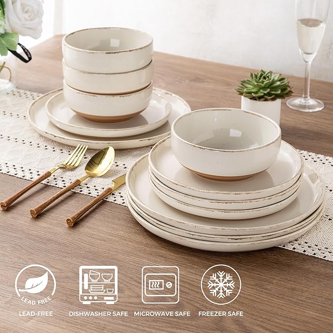 AmorArc 18 Pieces Ceramic Dinnerware Sets for 6, Handpainted Stoneware Plates and Bowls Set with Rustic Terracotta Underside, Scratch Resistant Dishes Set, Dishwasher & Microwave Safe