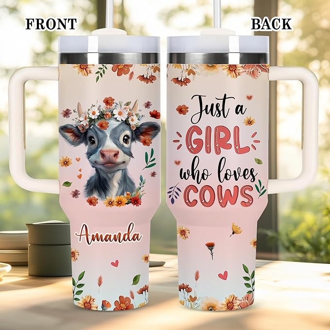 AGGLOMEKC Personalized Cute Cow Cup - Mother's Day Birthday Gift For Animal Lovers - Just A Girl Who Loves Highland Cows Tumbler 40oz With Custom Name - Pet Lover Gifts For Women, Her