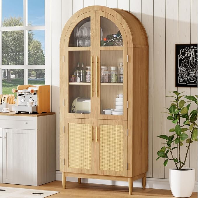 71?쒪rched Kitchen Pantry Cabinet, Stylish Arched Bookcase & Multi-Use Storage Cabinet with Glass & Rattan Doors, Ideal as Kitchen Pantry, Living Room Display, or Entryway Organizer ??Oak