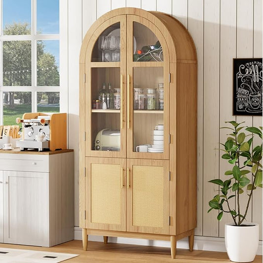71?쒪rched Kitchen Pantry Cabinet, Stylish Arched Bookcase & Multi-Use Storage Cabinet with Glass & Rattan Doors, Ideal as Kitchen Pantry, Living Room Display, or Entryway Organizer ??Oak