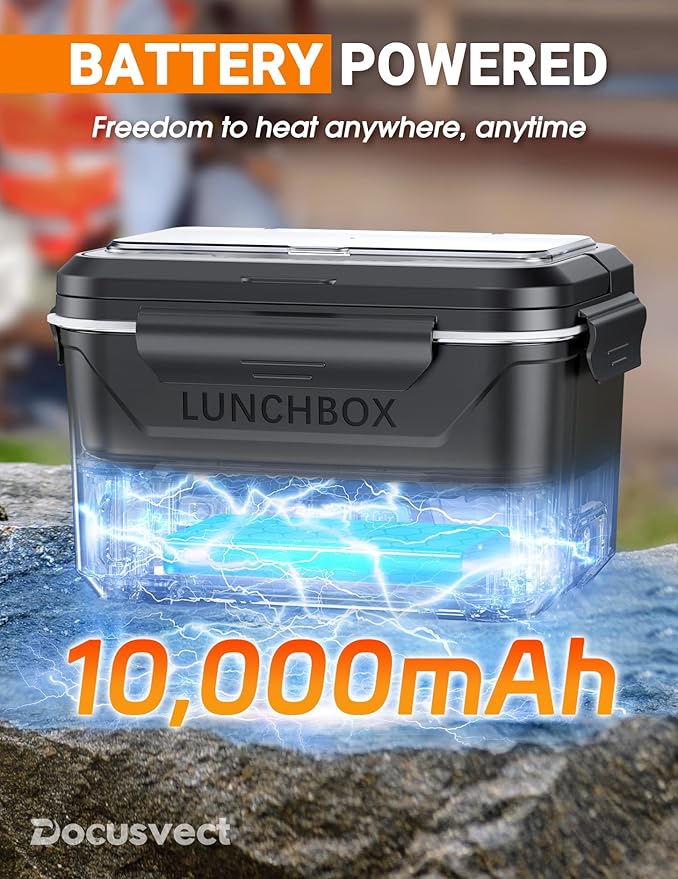 Docusvect Rechargeable Heated Lunch Box for Men, 1.3L Cordless Electric Lunch Box for Adults with Smart Scheduled Heating, Portable Food Warmer with Complete Accessories