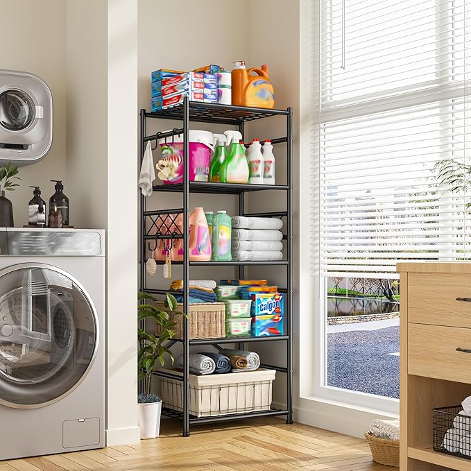 5-Tier Storage Shelves,Sturdy Metal Shelving Unit with Hooks,Wobble-Free Storage Rack with Leveling Feet,Slim Standing Shelf Organizer for Kitchen Pantry Laundry Bedroom,17.7?쓂횞11.8?쒭 횞58.3?쒱,Black