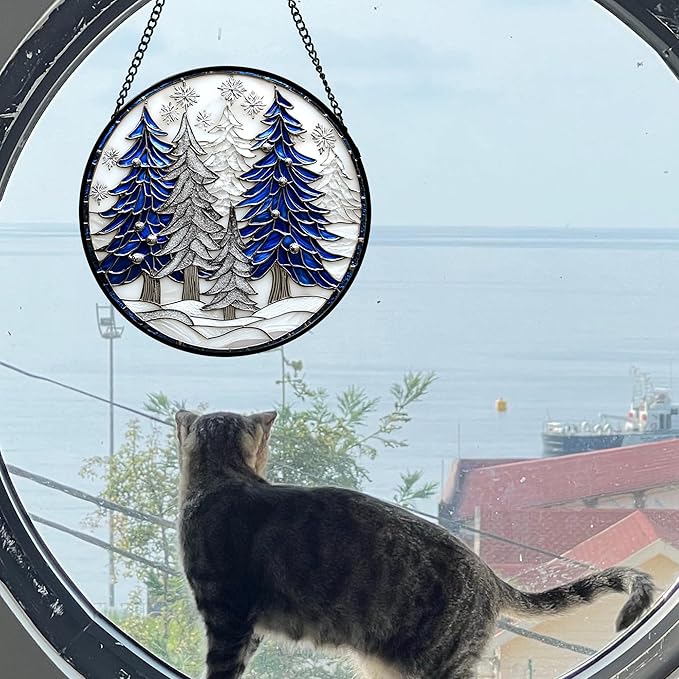 Stained Glass Window Hanging 4 Pcs Set White Winter Christmas Snow Scene Large 15" - Suncatcher Door Garden Sun Catcher Decor Birthday for Mom Woman Nana Men Friend Wife