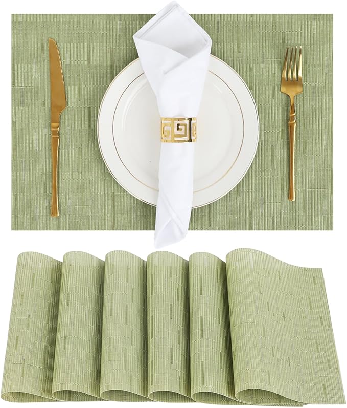 Green Placemats Set of 6 Washable Place Mats PVC Vinyl Woven Table Mats for Dining Table Durable Heat Resistant Non-Slip Size 12 x 17 Inch
